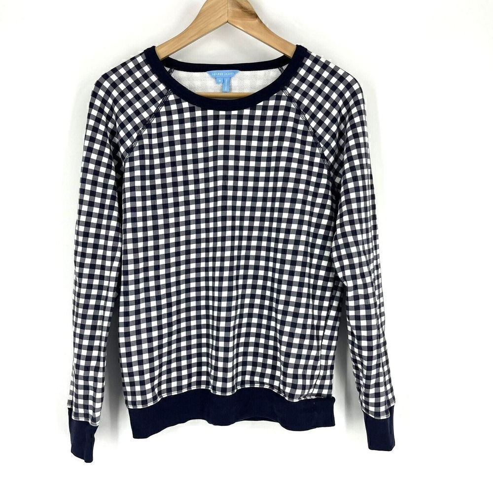 Draper James Sweatshirt Size Small Womens Navy White Gingham Check Natalie Top